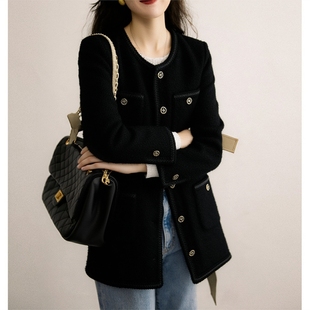 大码女装中长款黑色羊毛粗花呢小香风外套秋冬保暖胖mm短款呢大衣