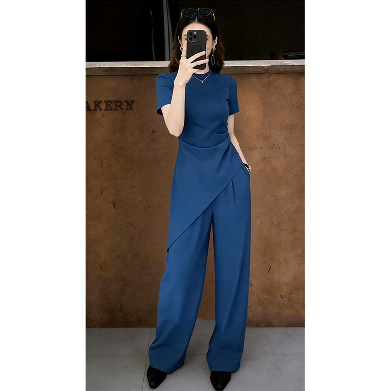 夏季新款蓝色短袖设计感上衣高腰阔腿裤套装显瘦修身气质大码女装