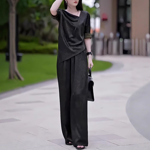 时尚套装大码女装夏季薄款轻奢高端设计感上衣胖mm阔腿裤两件套