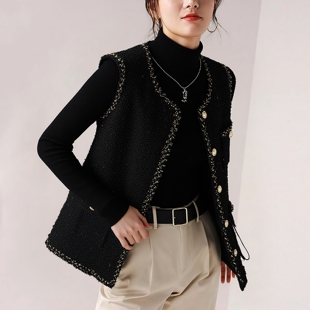小香风时髦金丝马甲胖mm背心马夹大码女装外套春秋新款外穿上衣