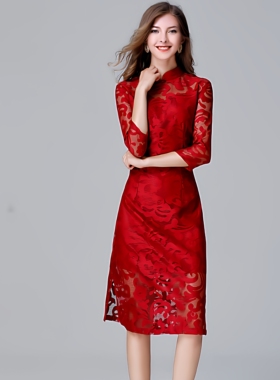 喜婆婆婚宴大码女装旗袍改良版大红色蕾丝连衣裙子欧根纱气质高贵