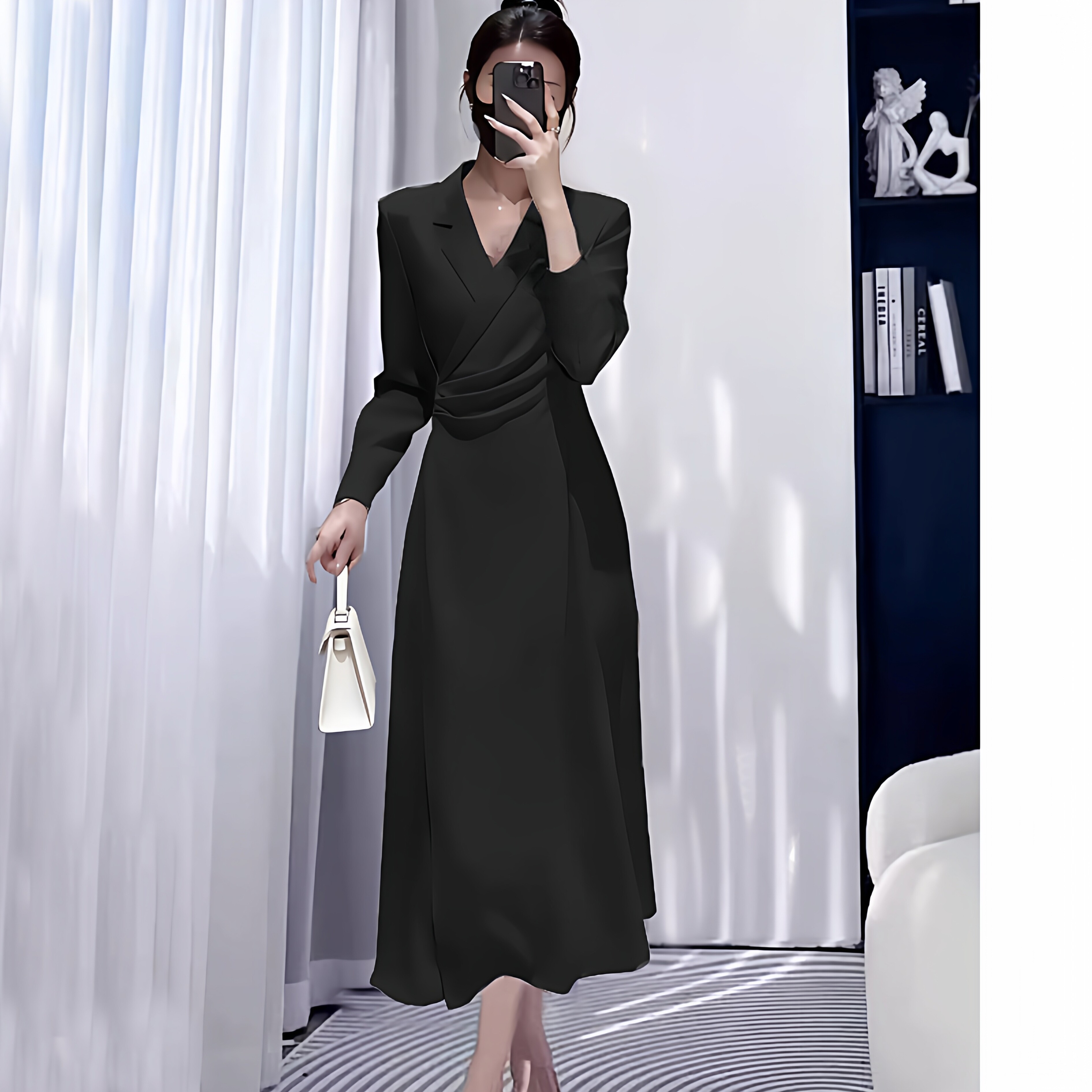 长袖收腰褶皱西装连衣裙黑色大码女装长裙子春季2026新款气质显瘦