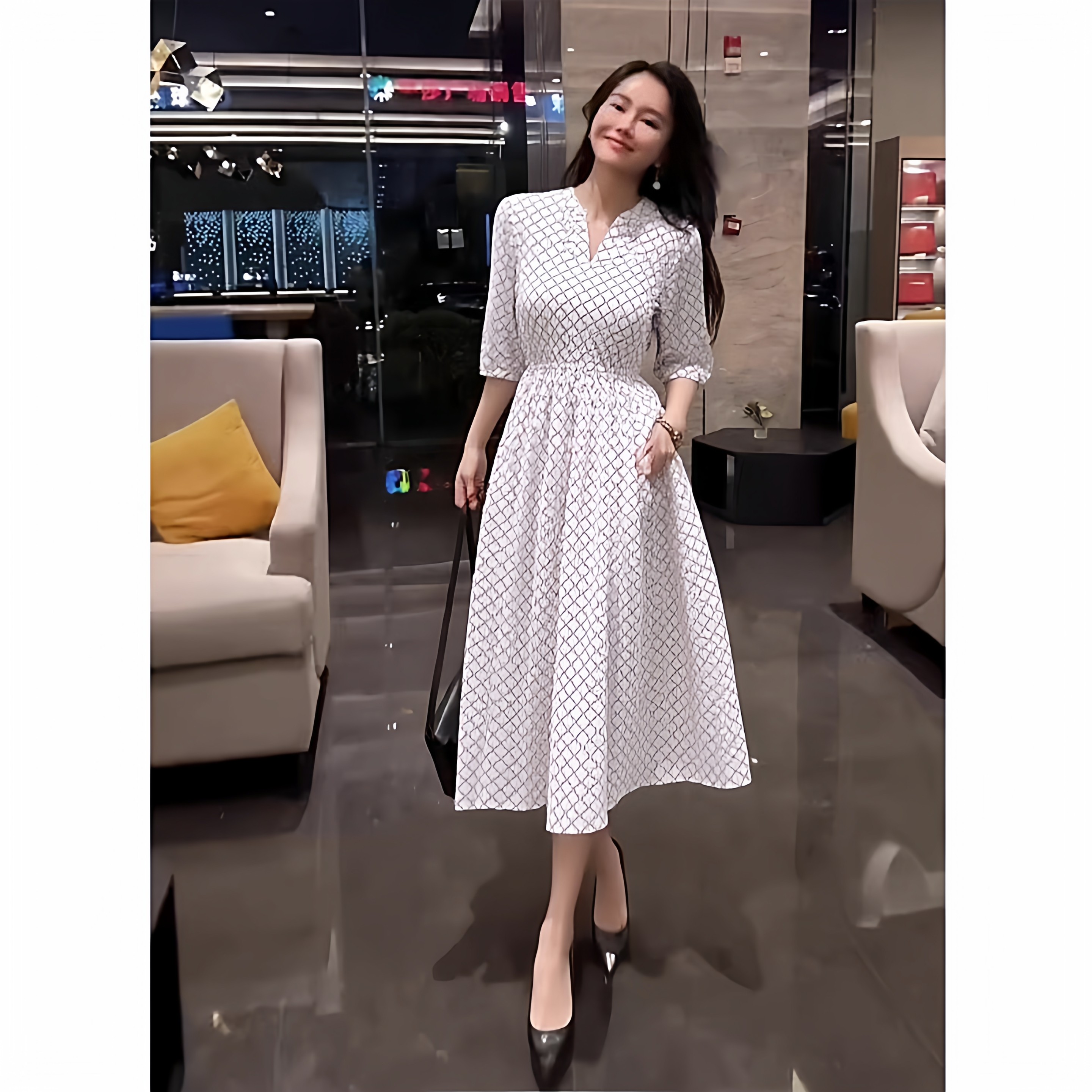 大码女装秋季中长袖v领松紧收腰雪纺粉色印花a字连衣裙子新款夏季