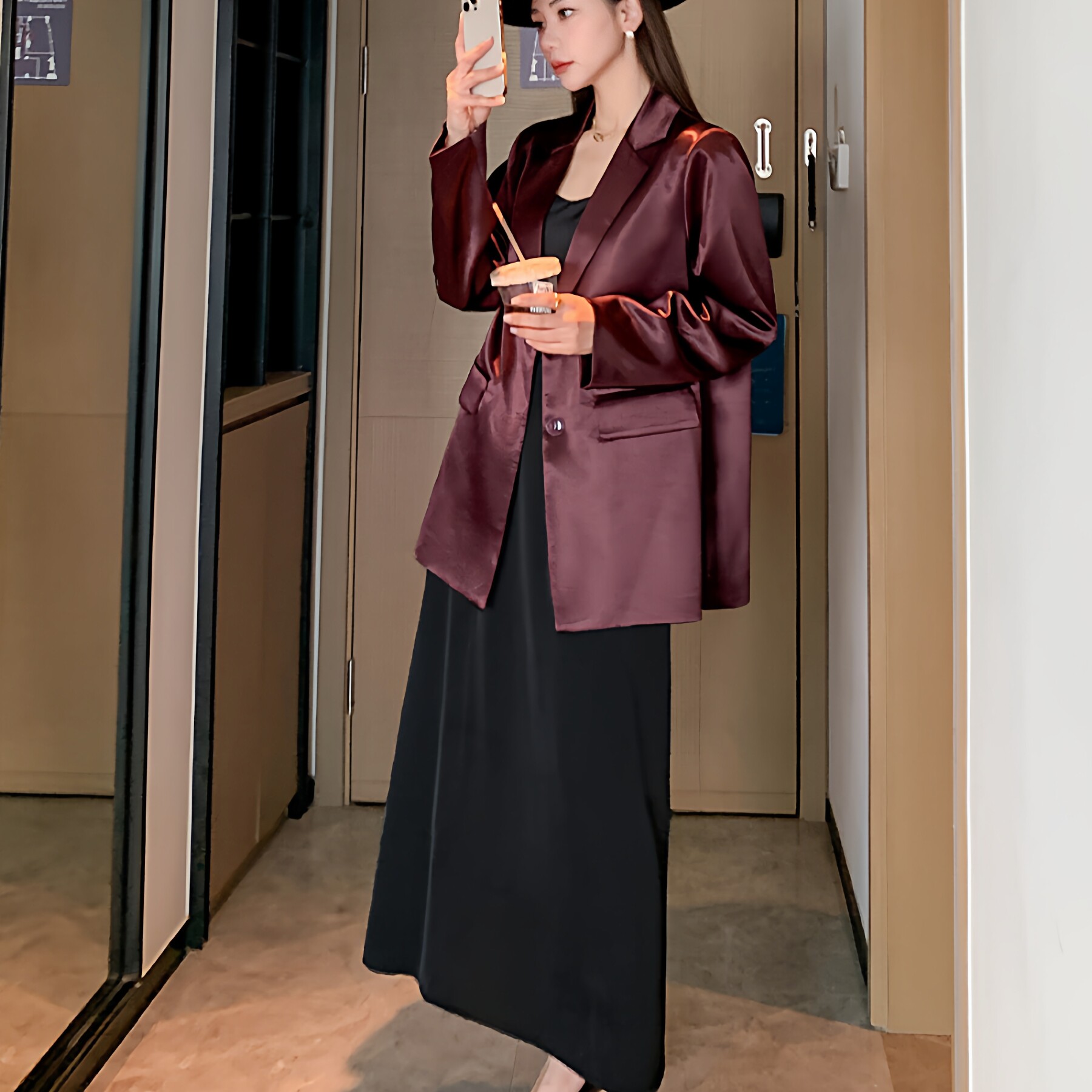 2026春季新款网红大码仿醋酸红咖西装配吊带裙子套装女胖mm连衣裙