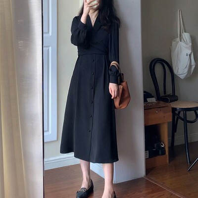 长袖西装褶皱系带连衣裙春秋