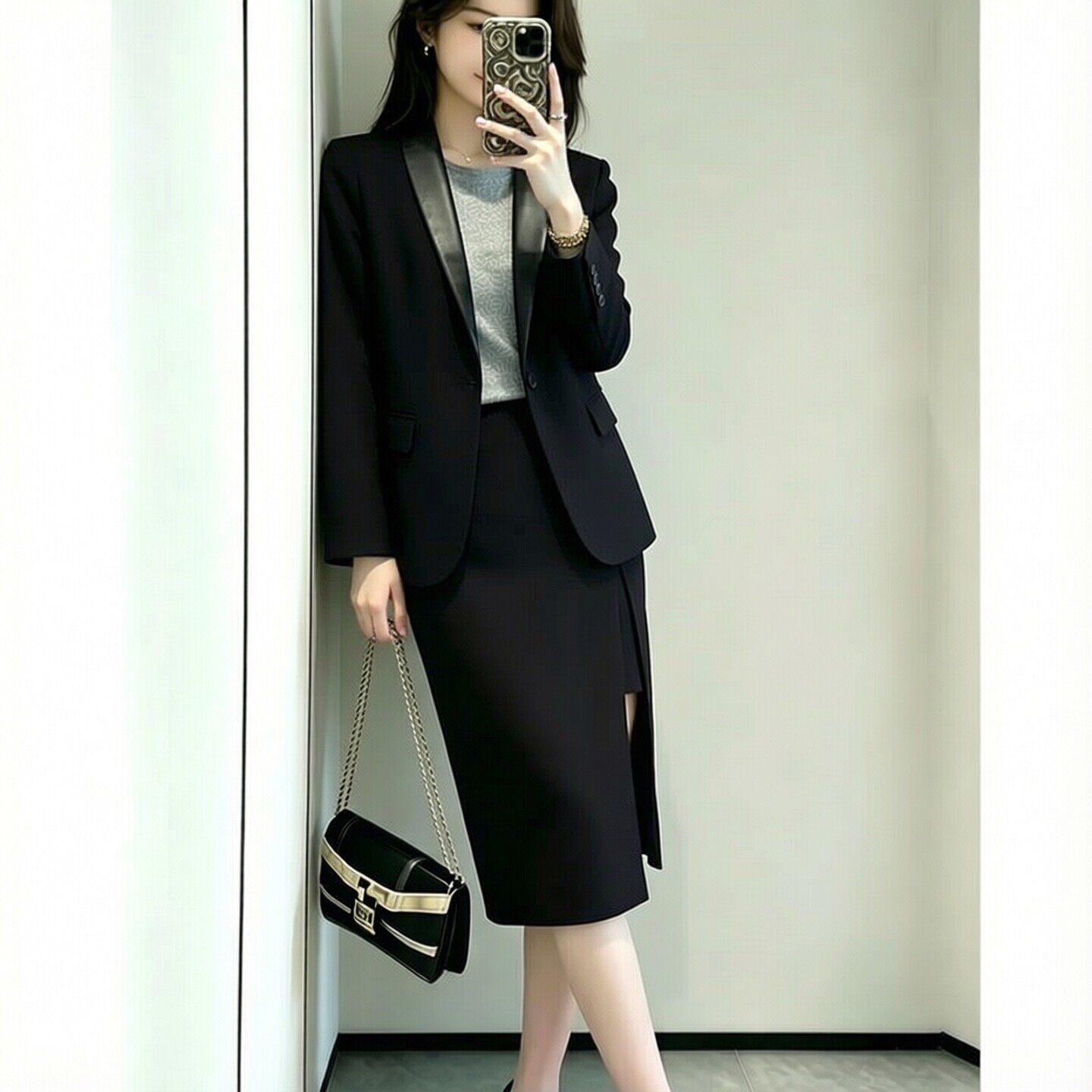 高级感黑色PU西装领开叉半身裙套装女大码通勤职业装两件套商务风