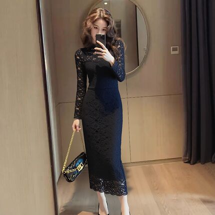 复古蕾丝长袖礼服裙连衣裙女黑色修身显瘦包臀开叉高级感秋冬打底