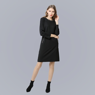 欧美大码女装高端罗马布钉珠a字直筒长袖连衣裙胖mm2025新款秋冬