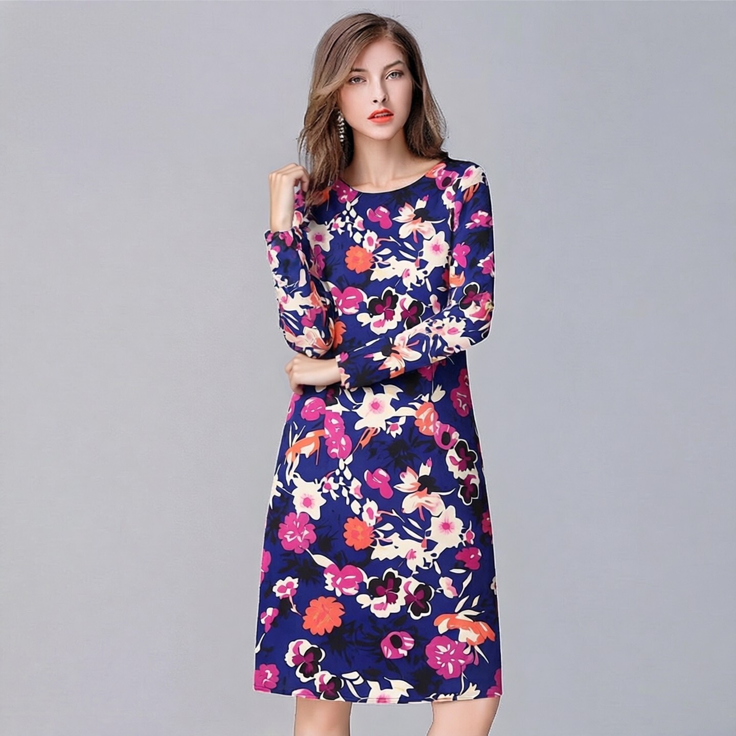 2026春秋新款新中式国风长袖改良式旗袍修身印花连衣裙子大码女装