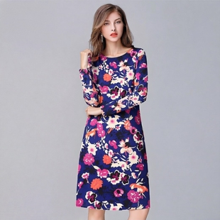 2026春秋新款新中式国风长袖改良式旗袍修身印花连衣裙子大码女装