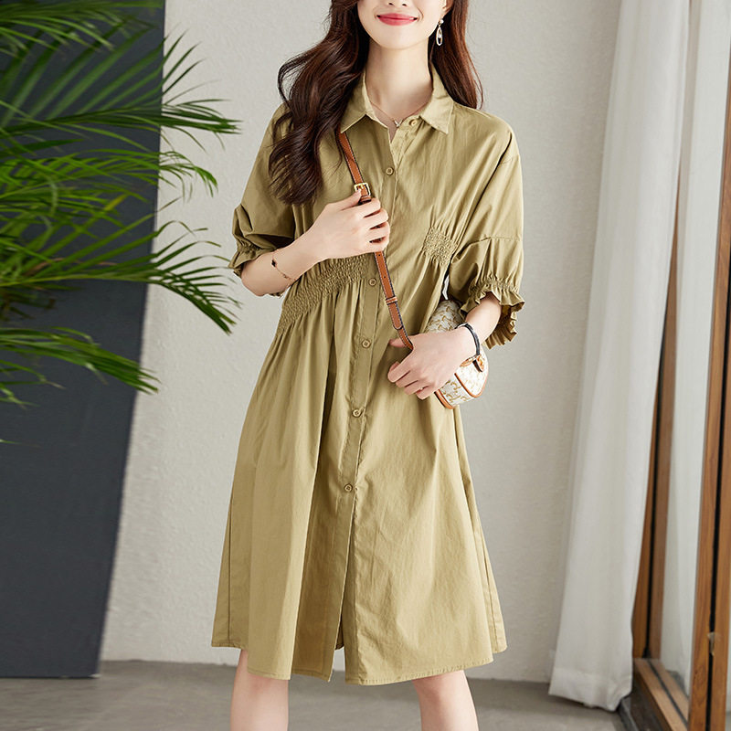 气质全棉连衣裙收腰中长款灯笼袖