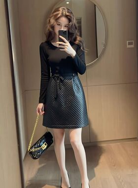 秋冬黑色PU夹棉修身显瘦小黑裙