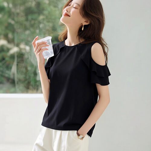 黑色露肩荷叶边短袖T恤女夏