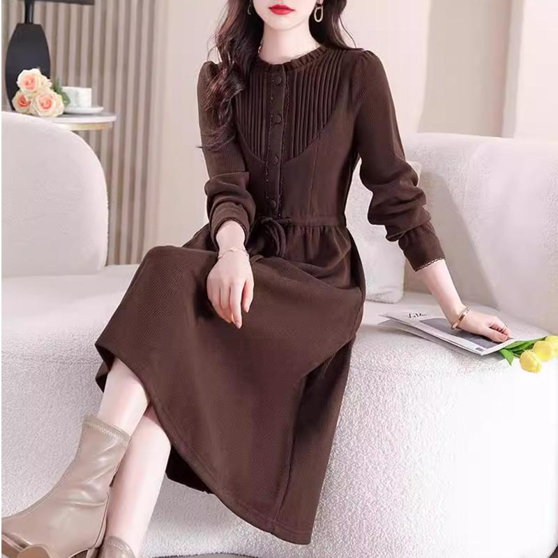 品牌正品加厚咖色棉绒连衣裙
