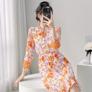 宽松人造棉长袖 家居服收腰系带荷叶边棉绸连衣裙子可外穿兜风散步