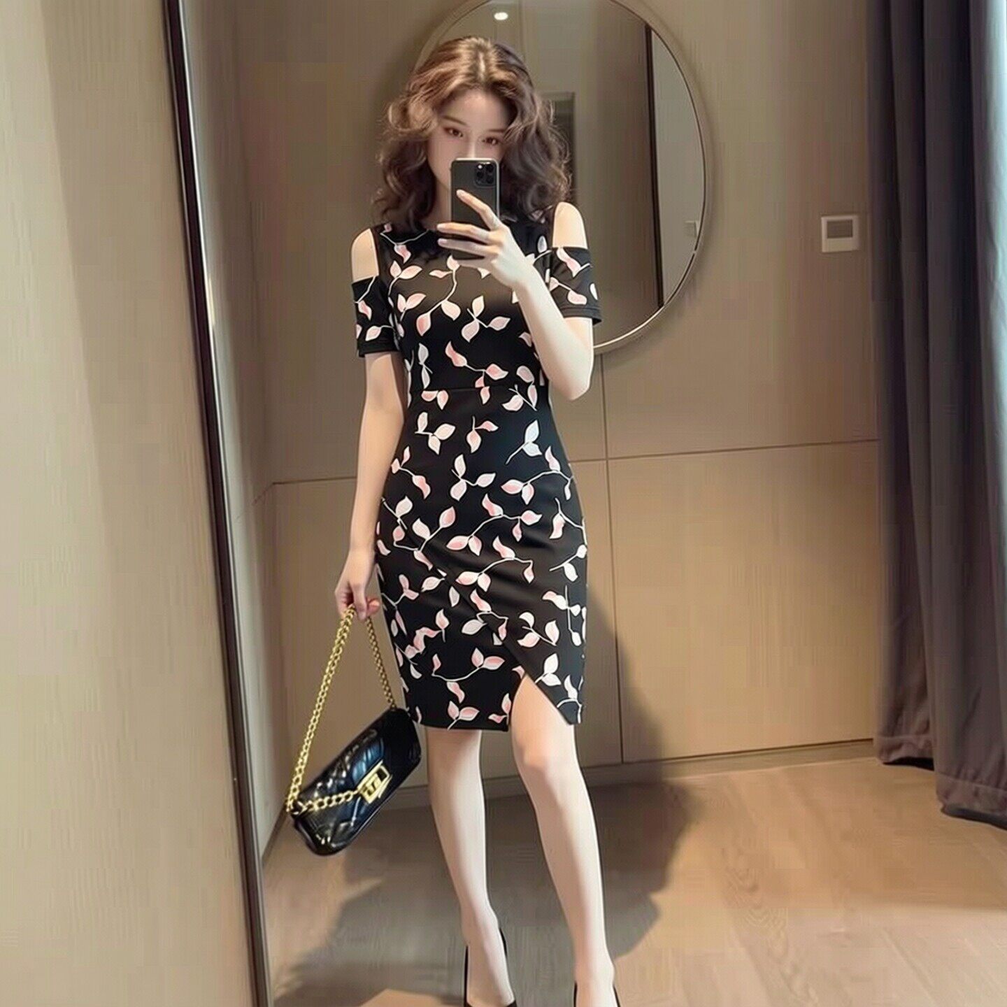 轻熟优雅风露肩碎花连衣裙女黑色开叉修身包臀中长裙子大码气质裙