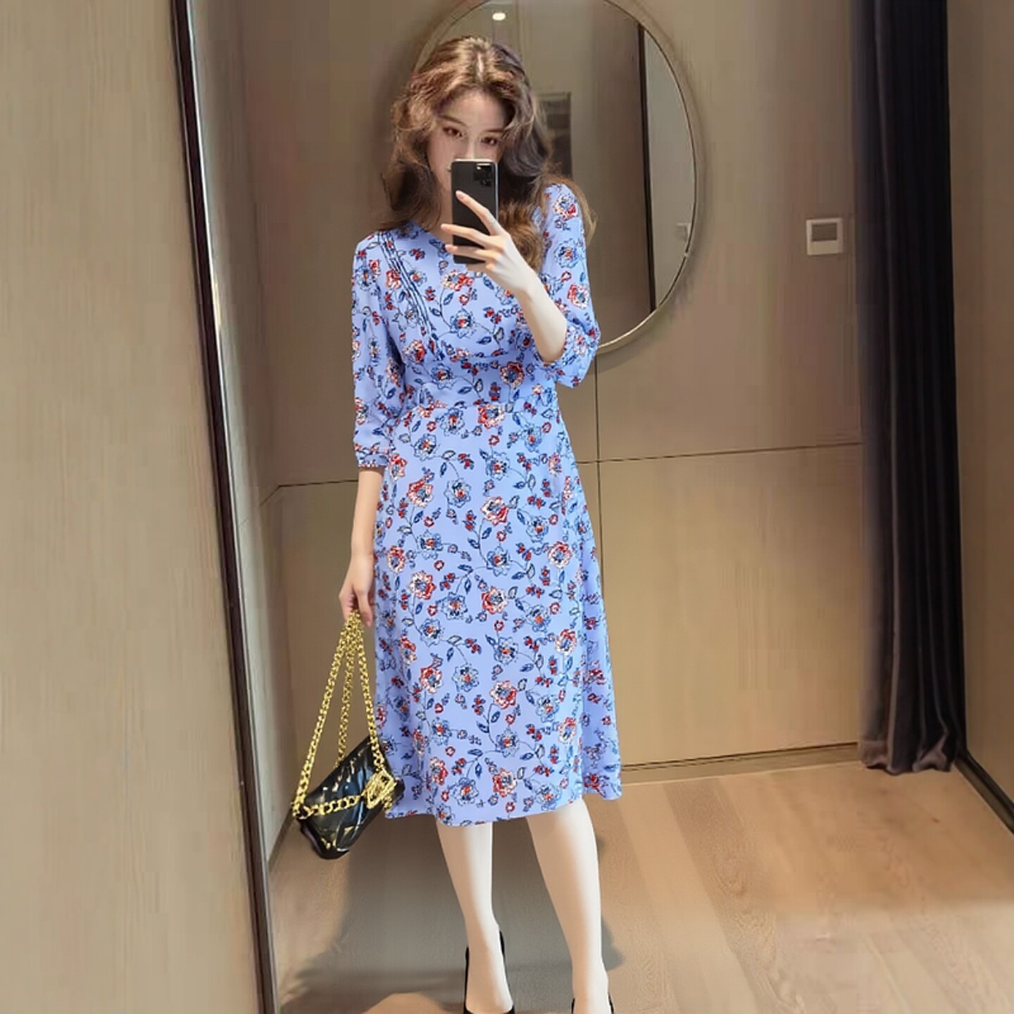 淑女风碎花连衣裙女高腰长袖V领收腰修身显瘦气质中长裙早秋新款