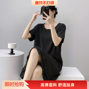 新款 胖mm荷叶边弹力棉居家服宽松直筒连衣裙子夏季 女装 可外穿大码