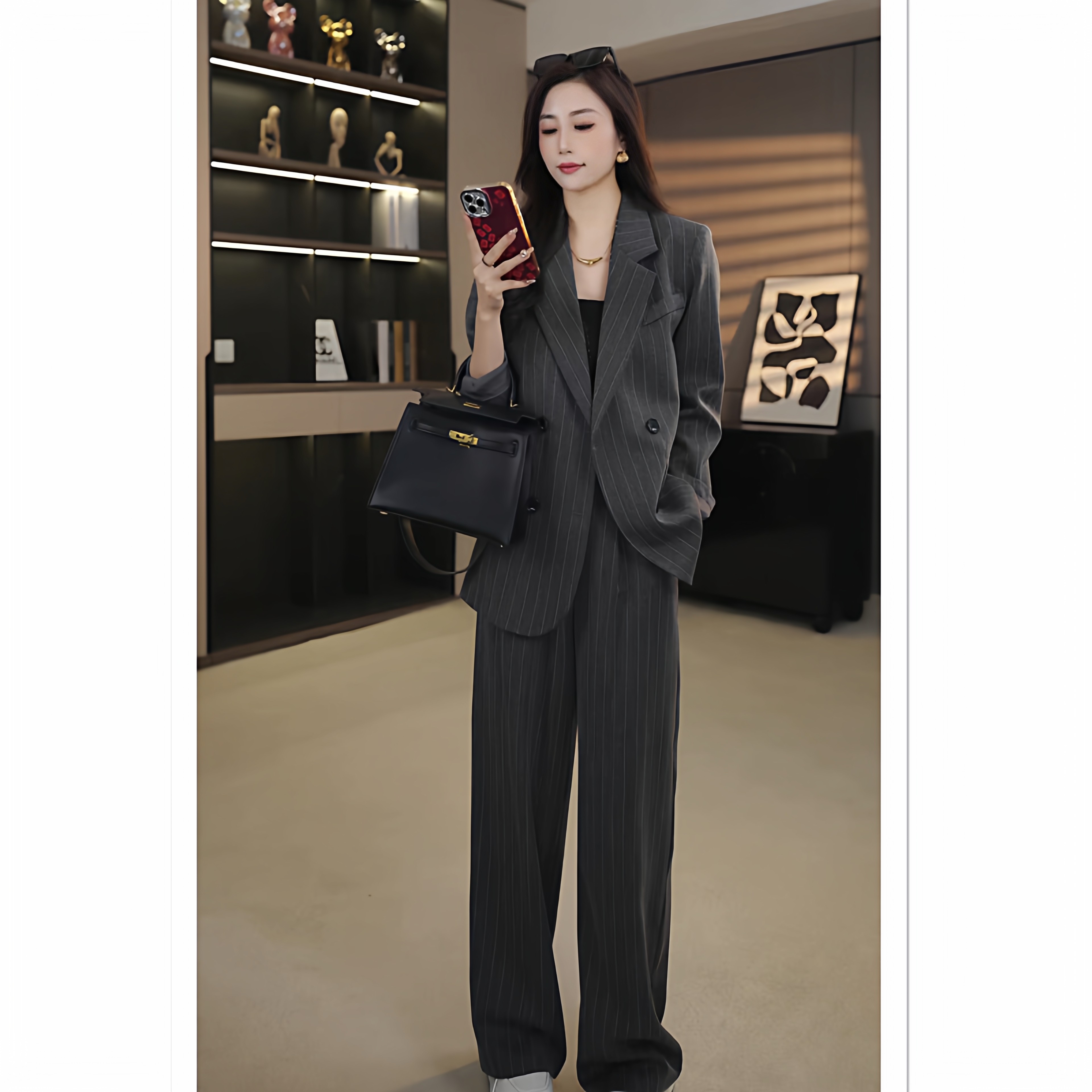 大码女装灰色气质西装套装胖mm长裤韩版穿搭一整套高级感外套