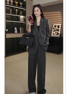 大码女装灰色气质西装套装胖mm长裤韩版穿搭一整套高级感外套