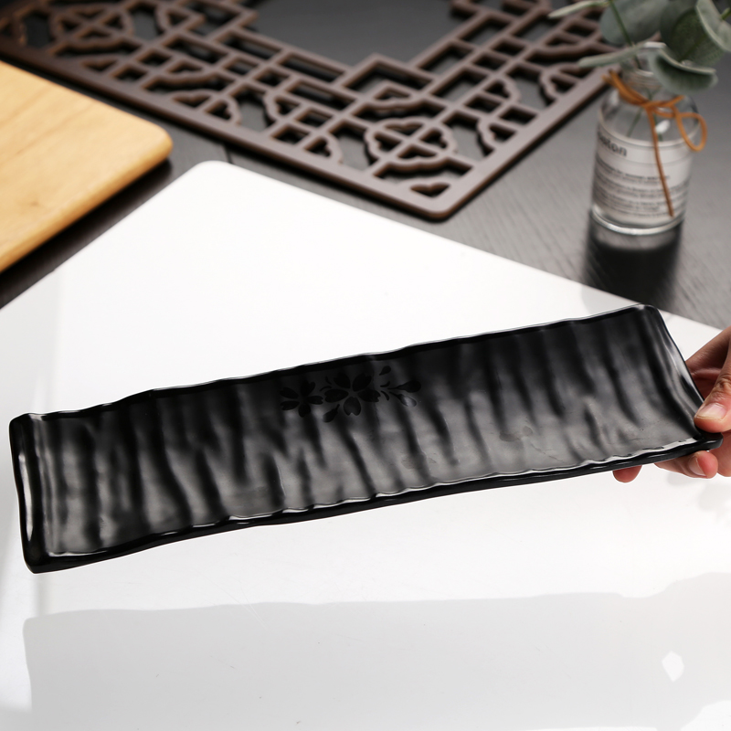 烧烤店商用密胺仿瓷餐具黑色磨砂火锅长盘日式餐具火锅店专用盘子