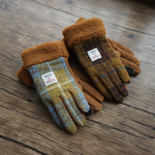 英国HarrisTweed女士冬季羔毛口羊毛触屏保暖千鸟格加绒触屏手套