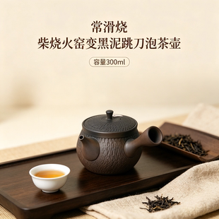 日本进口常滑烧柴烧黑泥跳刀侧把急须泡茶壶玉光釉 送礼佳品
