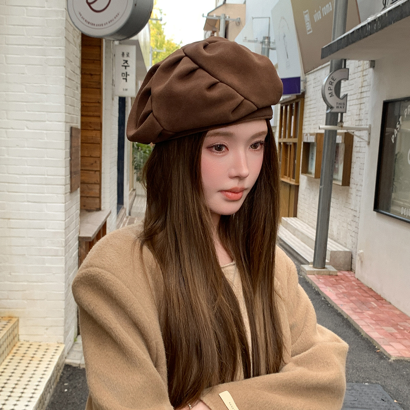 秋冬法式小羊皮贝雷帽女士时尚保暖画家帽显脸小百搭云朵真皮帽子