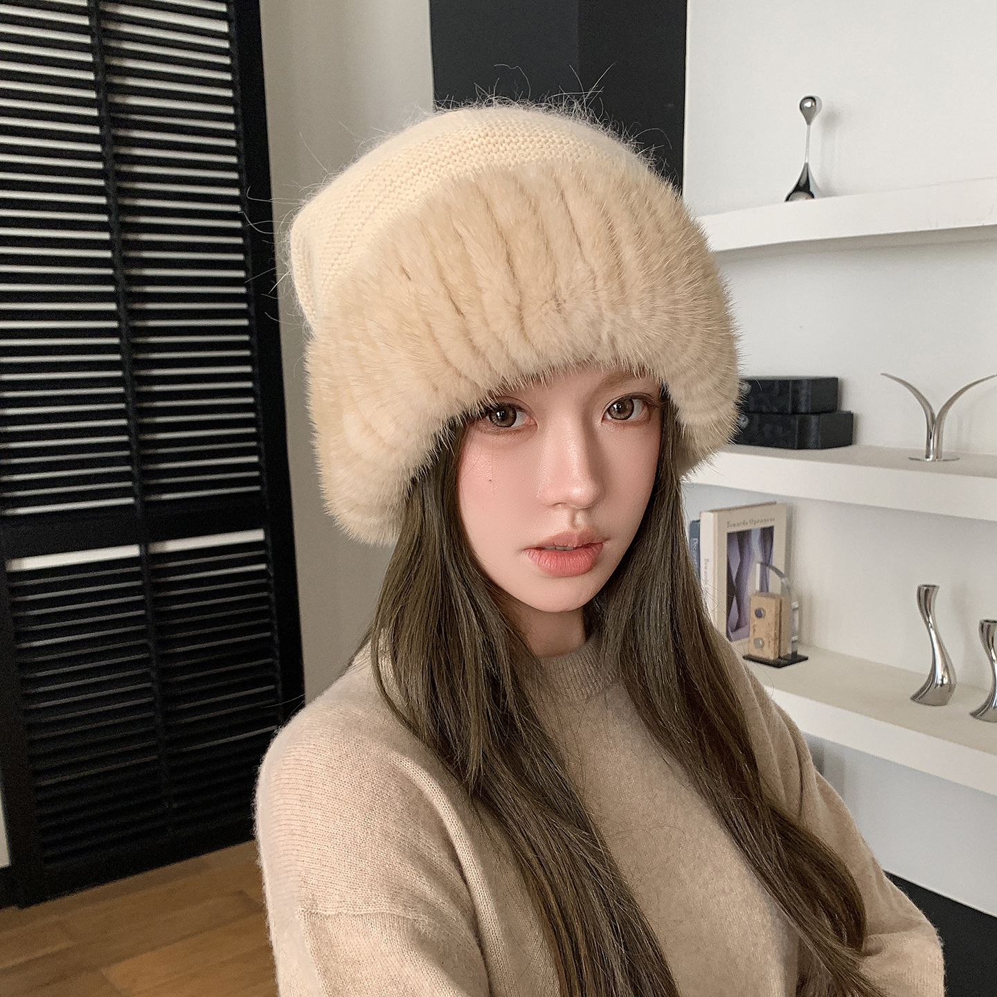 韩国水貂毛帽檐兔毛混纺针织帽女秋冬气质百搭保暖帽护耳防寒女帽