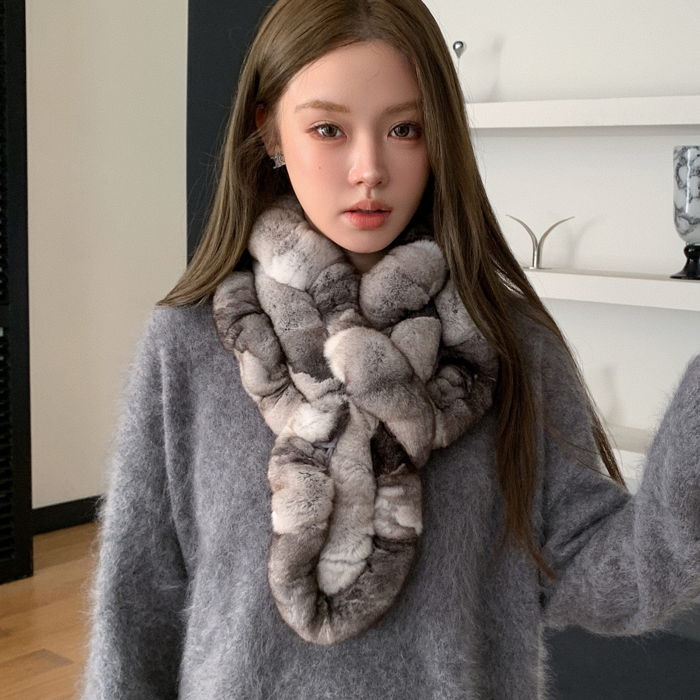 韩国款獭兔毛皮草围巾围脖女秋冬新款荷叶边显脸小保暖毛领子加厚