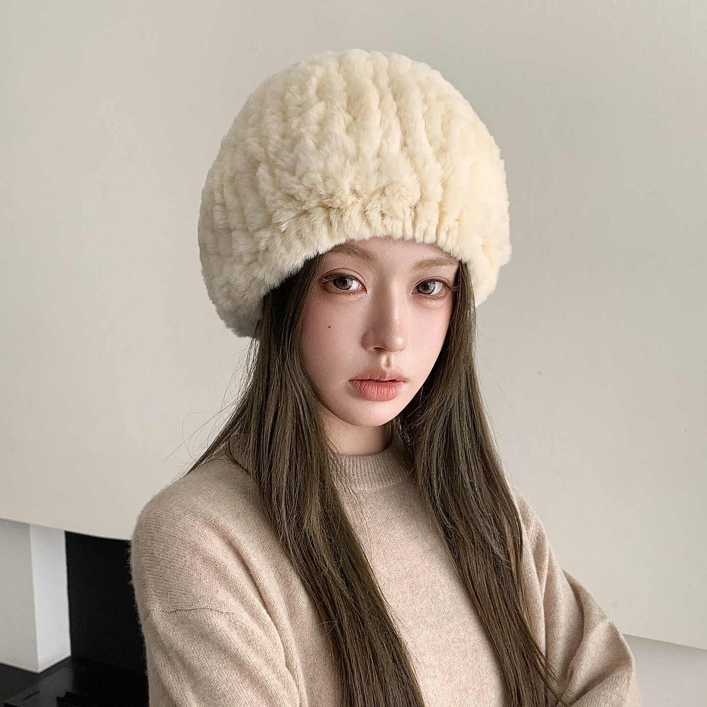 獭兔毛贝雷帽女士秋冬双面编织皮草帽子护耳显脸小真毛保暖画家帽