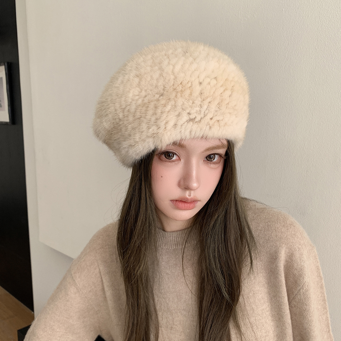 韩版水貂毛帽子皮草贝雷帽女士秋冬保暖显脸小高级感护耳画家帽新