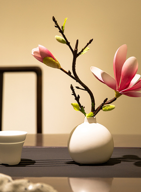 中式水莲花玉兰彷真假花艺陶瓷瓶套装摆设客厅餐桌花装饰盆景摆件
