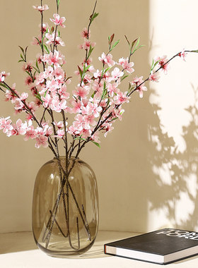 仿真桃花枝客厅假花桃花枝摆件餐桌装饰花摆设干花高档桌面摆花