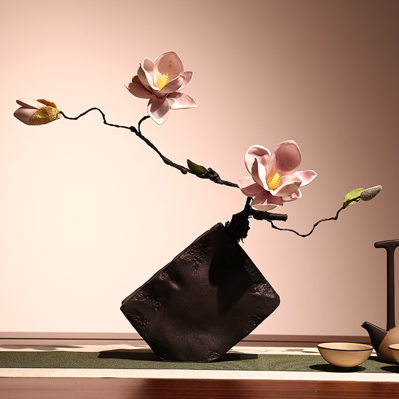 禅意茶室古典枯枝仿真玉兰花陶瓷花瓶套装客厅桌面茶几玄关摆放花