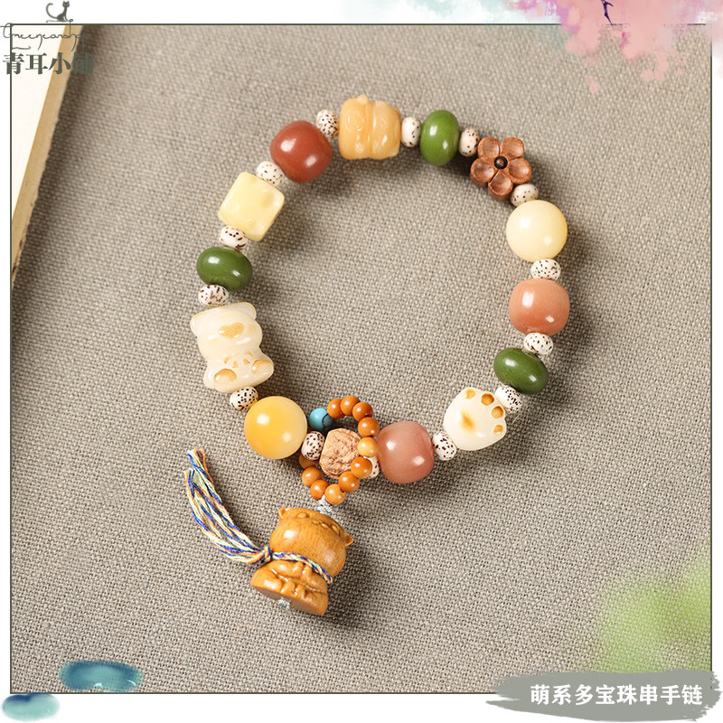 国风小清新多宝菩提方糖猫爪橄榄核手串治愈系小猫咪吊坠流苏手环