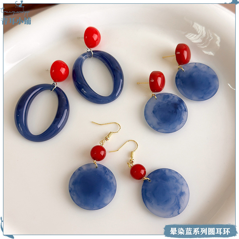 复古风红蓝撞色水墨晕染圆片耳环