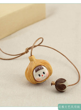 新中式黄杨木菩提蒜头娃娃毛衣链