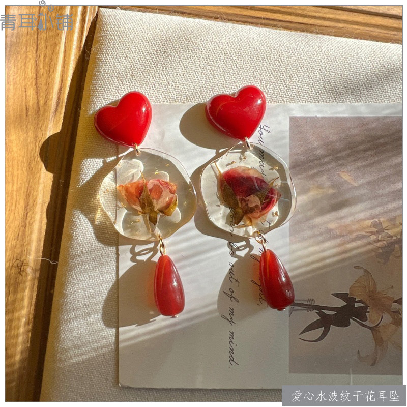 新中式滴胶干花温柔红色耳坠耳夹