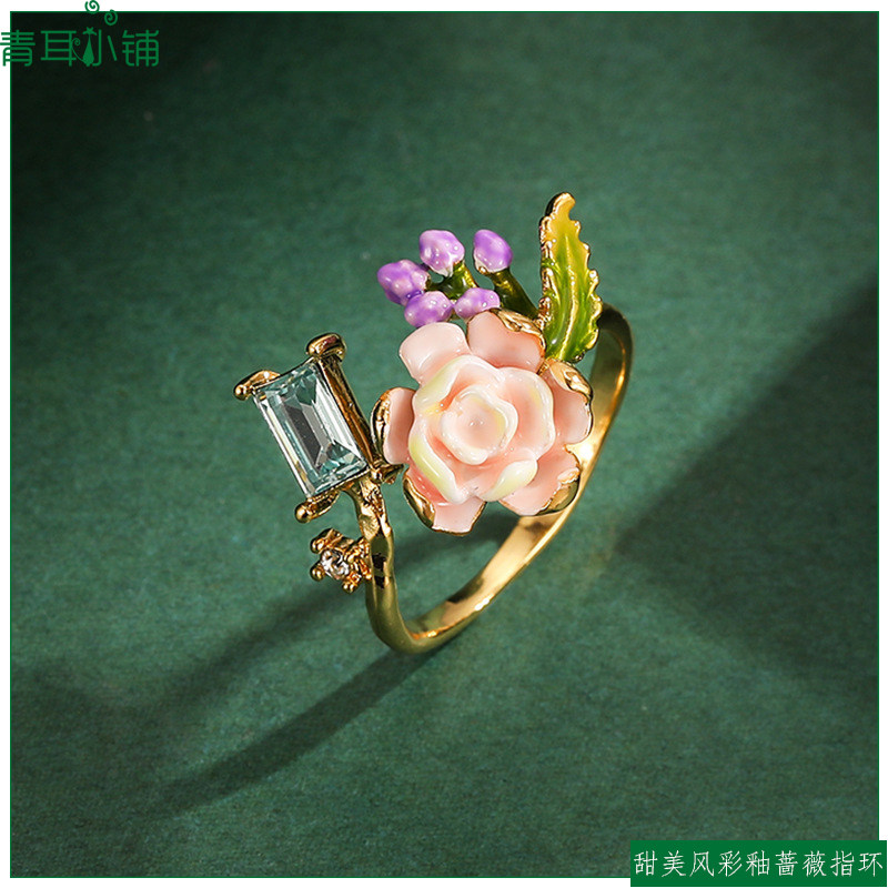 珐琅彩釉绿叶玫瑰花朵开口戒指