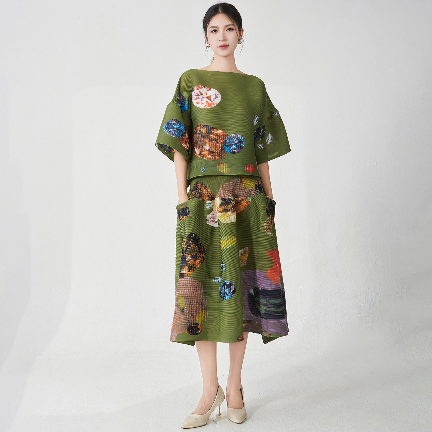 PY褶皱套装女两件套高级感时尚印花宽松上衣高腰半身裙穿搭两件套