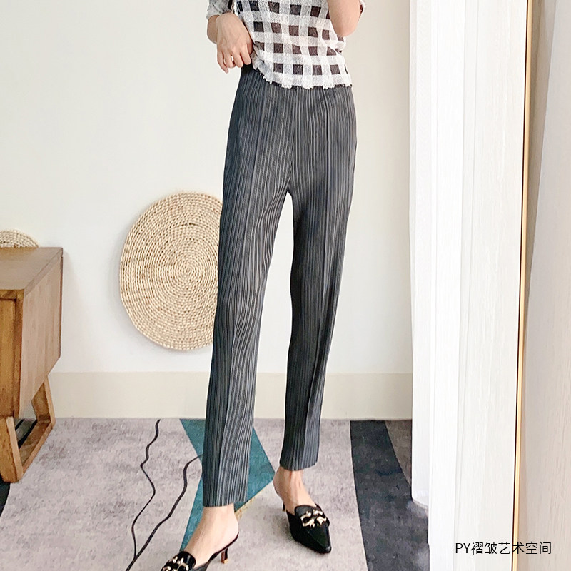 PY高腰褶皱裤子直筒裤女春夏新品薄款时尚百搭显瘦休闲小脚九分裤
