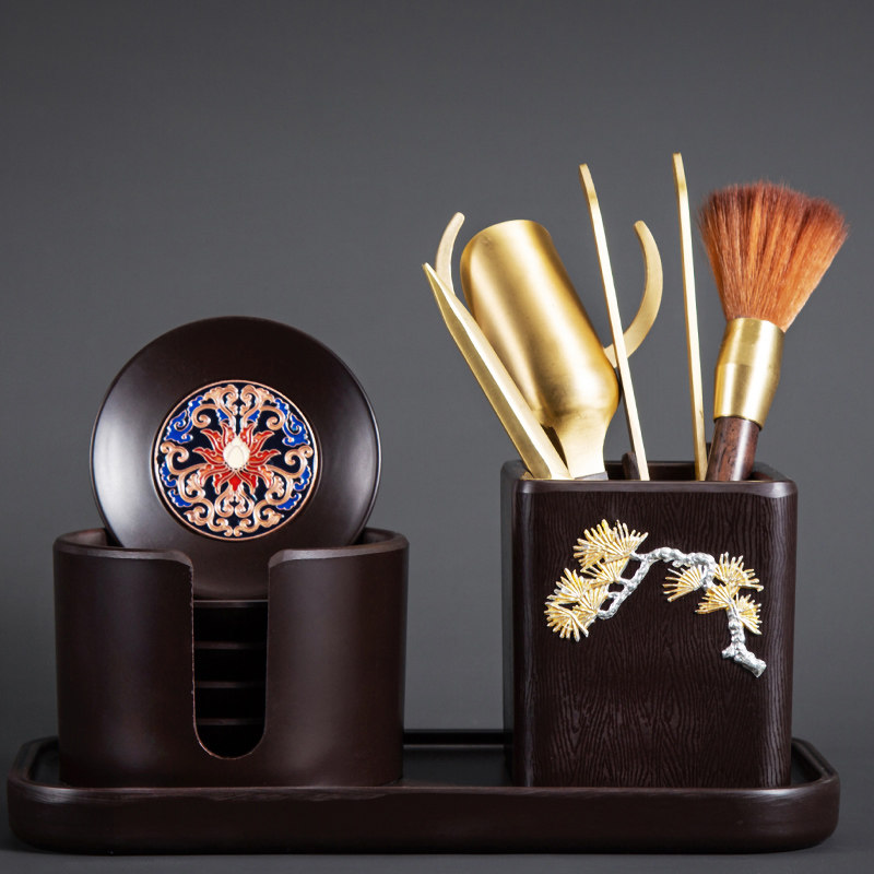 铜木茶道六君子套装电木黑檀套装纯铜功夫茶具配件茶夹笔筒茶杯垫