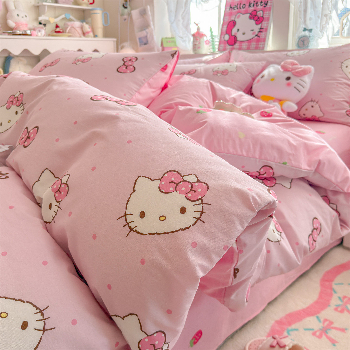 粉色KT猫咪纯棉女孩三四件套儿童卡通男孩全棉奥特曼床单床上用品,床上用品,床品套件/四件套/多件套,淘宝优惠券,粉丝福利购,淘宝优惠卷