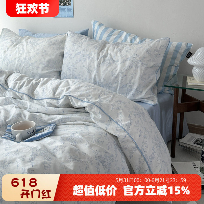 北欧简约白茶花卉纯棉四件套法式小清新田园全棉印花被套床上用品