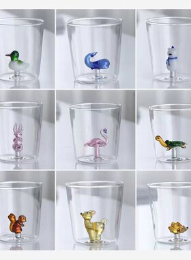 FATUBE创意玻璃杯3D动植物花卉玟瑰兔子对诞树立体造型杯