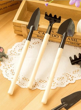 迷你园艺三件套花园小铁铲耙铁锹挖土盆栽小工具木柄绿色美式红色