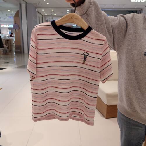 女童刺绣撞色条纹圆领休闲短袖T