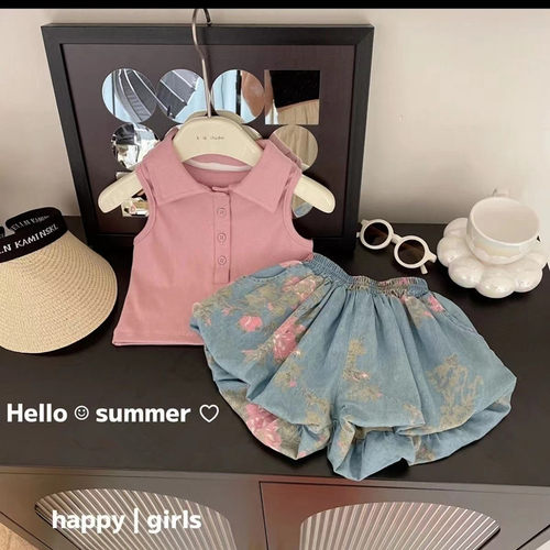 女童翻领纯色背心花苞短裤夏套装
