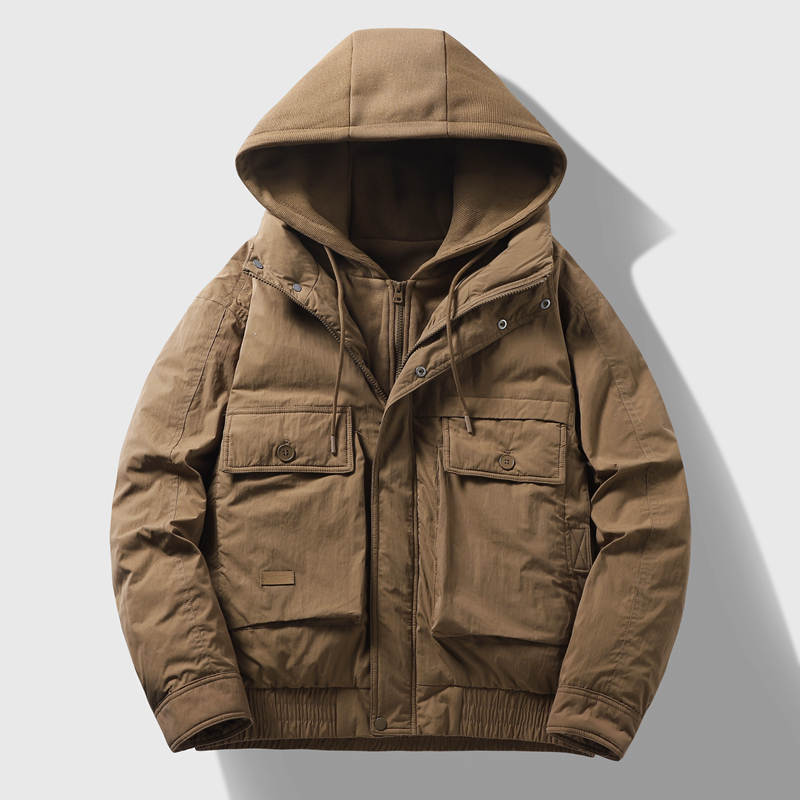 潮牌羽绒服男2024新款工装纯色连帽宽松百搭白鸭绒日系复古外套